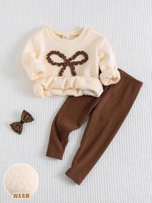 Cozy Pixies 2件套女婴蝴蝶装饰圆领蝙蝠袖套头衫和松紧腰裤套装 - 棕色 - 查看 4