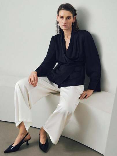  Uhlyne Women Elegant Satin Silk Like Simple Silky Basic Shirt, Comfortable Essential Classic Solid Black Color Casual Commuter Office Wear,Easy Care,Autumn,Minimalist,Work Wear,Teacher Outfits,Back To School,Fall ,Neutral Clothes,Business Casual,Old Money Style Wrap Tops For Women V Neck Blouse Minimalist Clothes Women Women Blouses Black Wrap Top