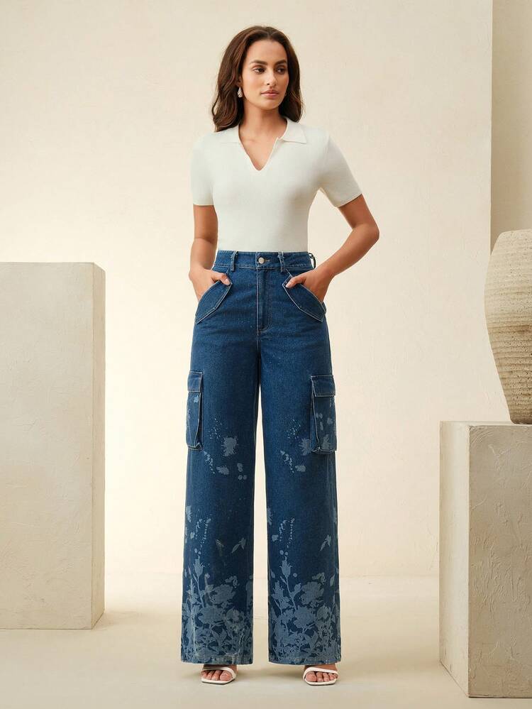Floral Print Straight Leg Utility Jeans