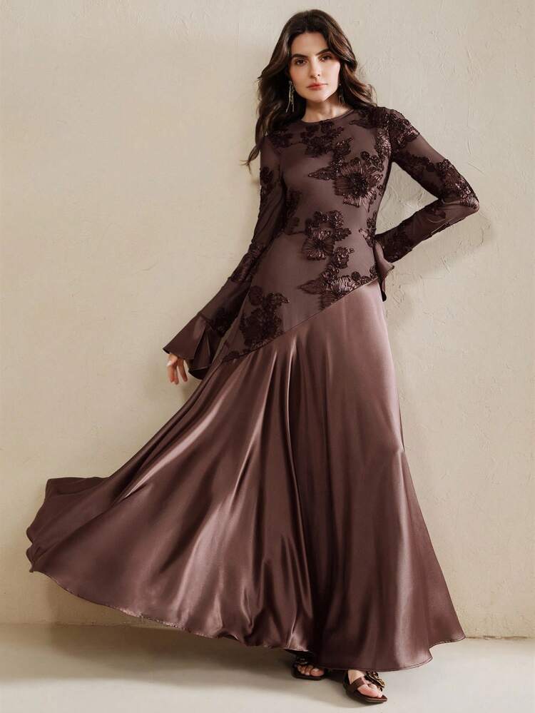 Women Floral Textured Splice Round Neck Bell Sleeve Elegant Dress