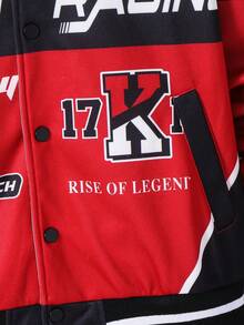 SHEIN 青少年男孩拼色赛车元素和字母印花休闲机车夹克，面料柔软，适合上学、通勤、户外穿着，适合秋冬季 - 彩色 - 查看 6