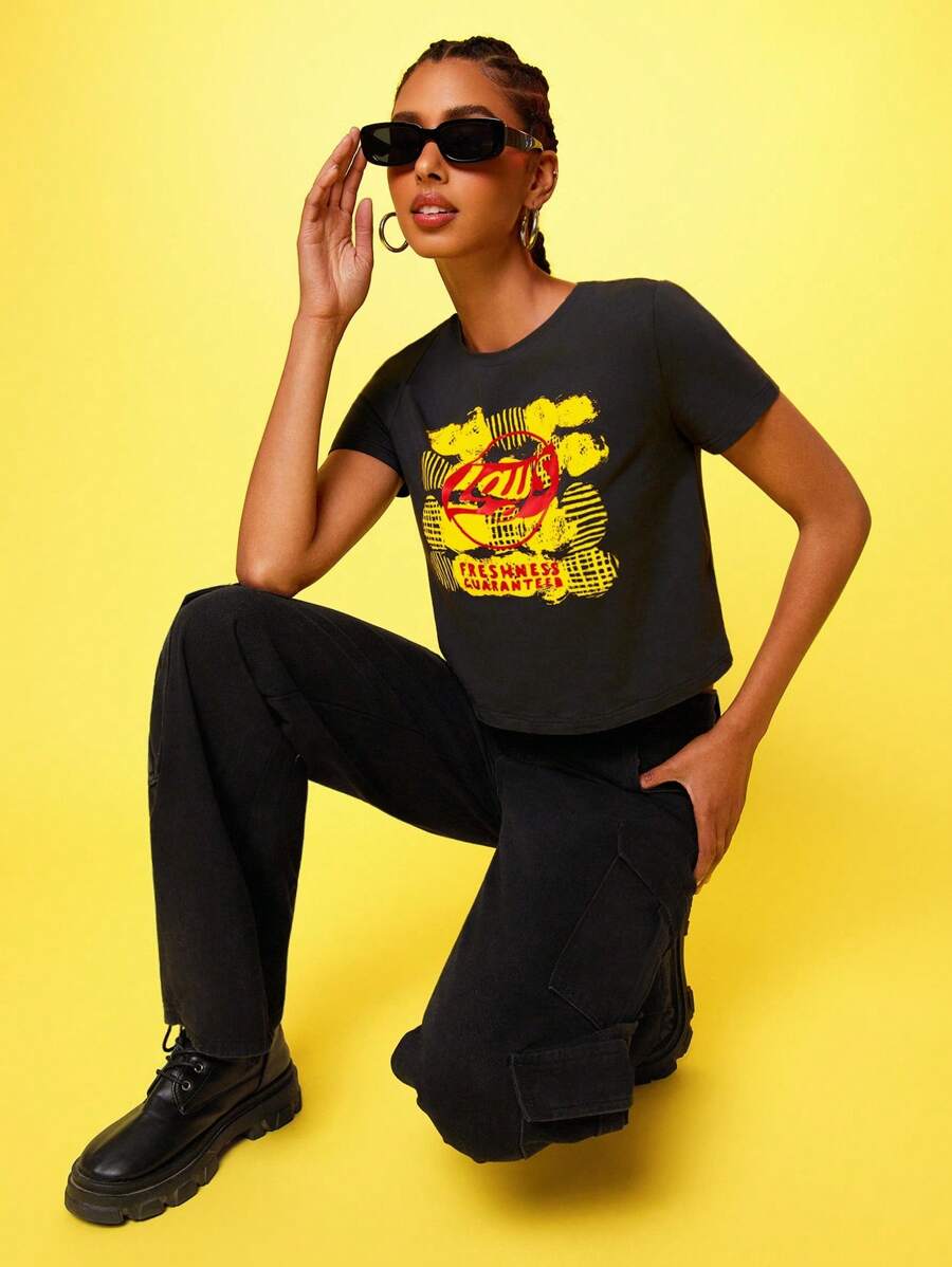 Lay's X SHEIN Women's Black Letter Graphic Round Neck Short Sleeve T-Shirt - Grey - View 1