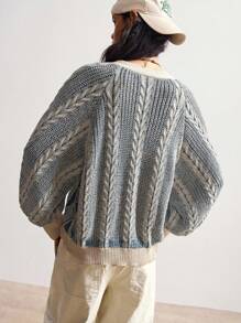 Bohemela 女士几何图案灯笼袖单排扣休闲针织开衫，秋冬季上学上衣 - 藍色 - 查看 8