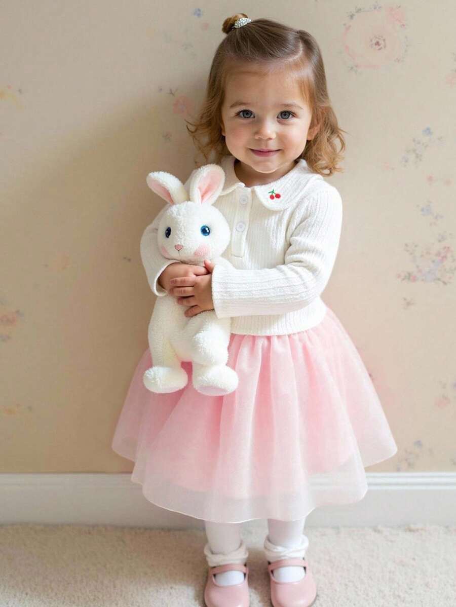 Souflis Souflis Simple Style Baby Girls Knit Fabric Bodysuit With Peter Pan Collar, Cherry Embroidery & Long Sleeve, Bodysuit - White - View 1