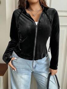 SHEIN EZwear 秋冬大码女式纯色天鹅绒修身前拉链连帽长袖休闲夹克 - 黑色 - 查看 5