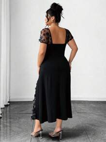 SHEIN PETITE 方领荷叶边下摆开叉优雅淑女连衣裙，夏季 - 黑色 - 查看 2