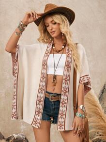 LanaWest 女士针织披肩提花雪花图案波西米亚风格宽松开衫 - 米色 - 查看 4