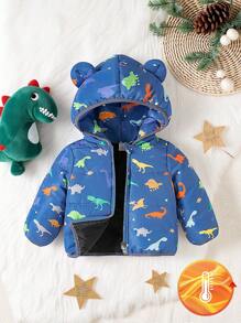 SHEIN 1 件男婴休闲可爱恐龙印花加厚连帽棉衣，适合上学、派对、运动、户外、秋冬季、幼儿拉链连帽衫、婴儿夹克、婴儿外套，6 个月-3 岁 - 藍色 - 查看 4