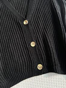 Comfortcana Plus Size Women's Lantern Sleeve Button Front Rib Knit Black Cardigan,Long Sleeve Tops,Fall,Winter,Back To School,Warm Autumn