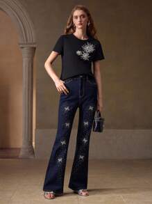 MOTF PREMIUM Camiseta com contraste de pérolas e lantejoulas