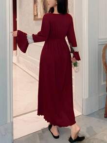 DAZY Charmantes Kontrast-Farben Spitzen-Stich gestricktes Taillenbund Weite Ärmel Lange Damen Nachthemd, Herbst Pyjama Weihnachten - Bordeaux - Übersicht 2