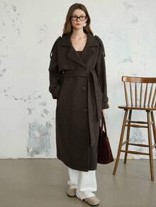 DAZY Women's Loose Business Casual Elegant Stand Collar Brown Cinched Waist Overcoat, Suitable For New Year, Christmas, Autumn/Winter - Chocolate Brown - View 5