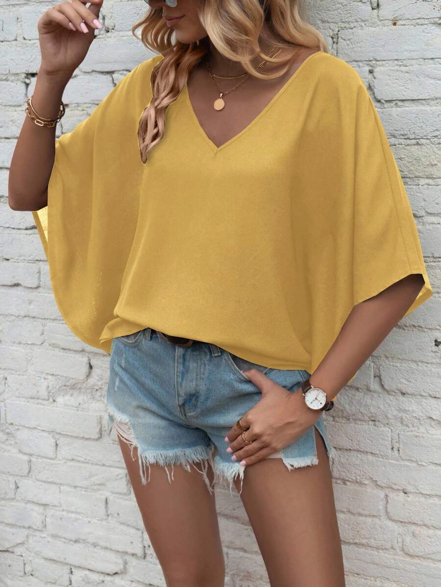 SHEIN LUNE Áo sơ mi nữ tay cánh dơi cổ chữ V rộng rãi thường ngày - Màu vàng - Xem 1