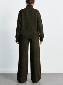 SHEIN Tall 高領落肩袖毛衣與長褲套裝，女款套裝，小個子套裝，套裝，小個子，冬季衣物，高個子女性 - 軍綠色 - 查看 2