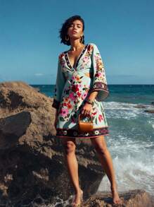 CAJUNI Đầm ngắn hở lưng cổ chữ V in họa tiết hoa nhiệt đới Boho dành cho nữ - Nhiều màu - Xem 1