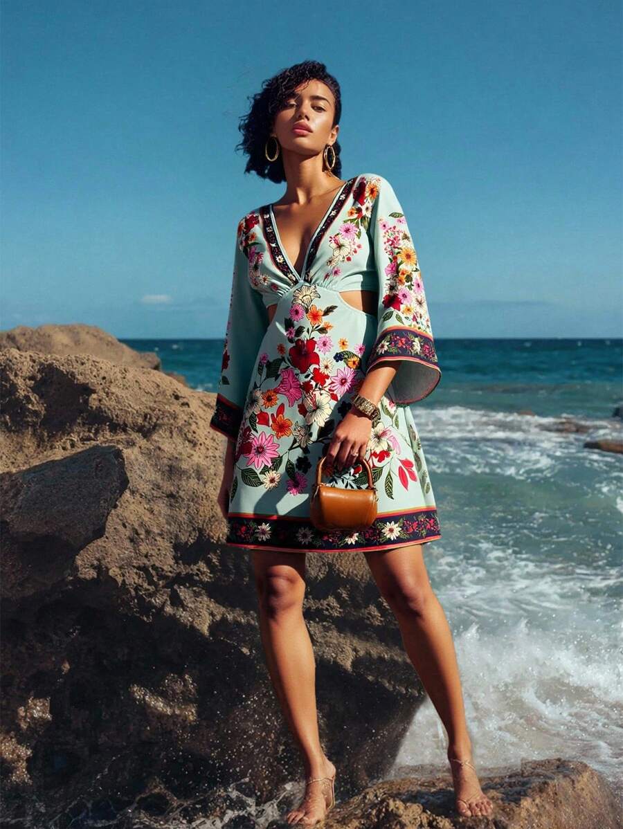 CAJUNI Đầm ngắn hở lưng cổ chữ V in họa tiết hoa nhiệt đới Boho dành cho nữ - Nhiều màu - Xem 1