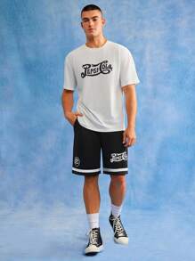 PEPSI X SHEIN 男士休闲字母印花斜口袋短裤，夏季 - 黑色 - 查看 5