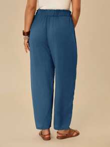 SHEIN VCAY 大码女式纯色荷叶边腰系带宽松休闲裤 - 藍色 - 查看 2