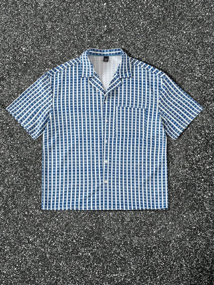 Manfinity EMRG Men's Summer Short Sleeve Plaid Color Block Casual Button Up Shirt