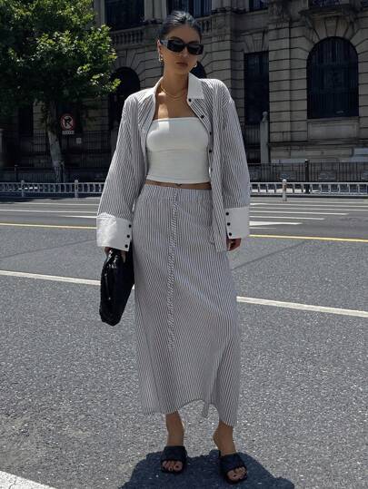 DAZY 2 Pieces Set Women Blouse Top And Loose A-Line Skirt, French Retro Style