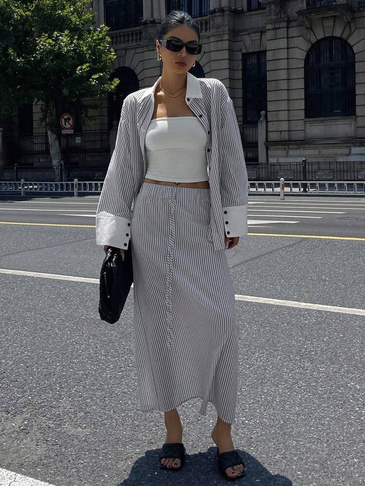 2 Pieces Set Women Blouse Top And Loose A-Line Skirt, French Retro Style