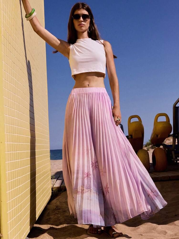 SHEIN Maija Women's Versatile Vacation Print Pleated Skirt, Loose Fitting Flared Elastic Waist Skirt, Comfortable Beach/Resort Wear, Suitable For All Seasons, Modern Vacation, Boho Chic Elegant Ibiza Style All-Match Summer For All Seasons, Modern Holiday Fashion Design, Comfortable Beach Beach, Bohemian Style