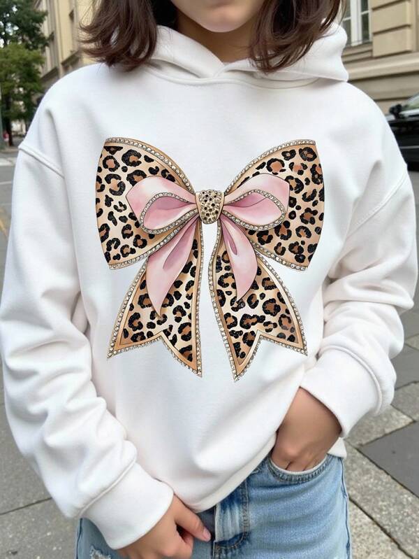 Teenage Girls' Casual Fashionable Faux Diamond Leopard Bow Pattern Print Hooded Sweatshirt, Back To School Princess Style