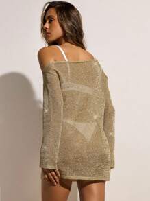 Opulessa 女士不对称领迷你针织连衣裙节日装夏季服装秋冬度假装 - 金色 - 查看 2