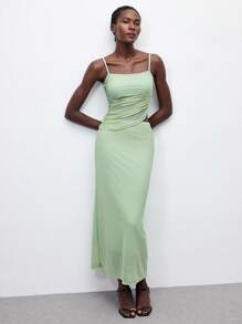 Maija 2025 年夏季新款 Salviae Green 性感网眼透视轻盈不对称剪裁吊带背心和松紧腰裙两件套，都市优雅浪漫办公室休闲时尚日常装扮，适合派对、海滩、音乐节、婚礼嘉宾、返校 - 軍綠色 - 查看 1