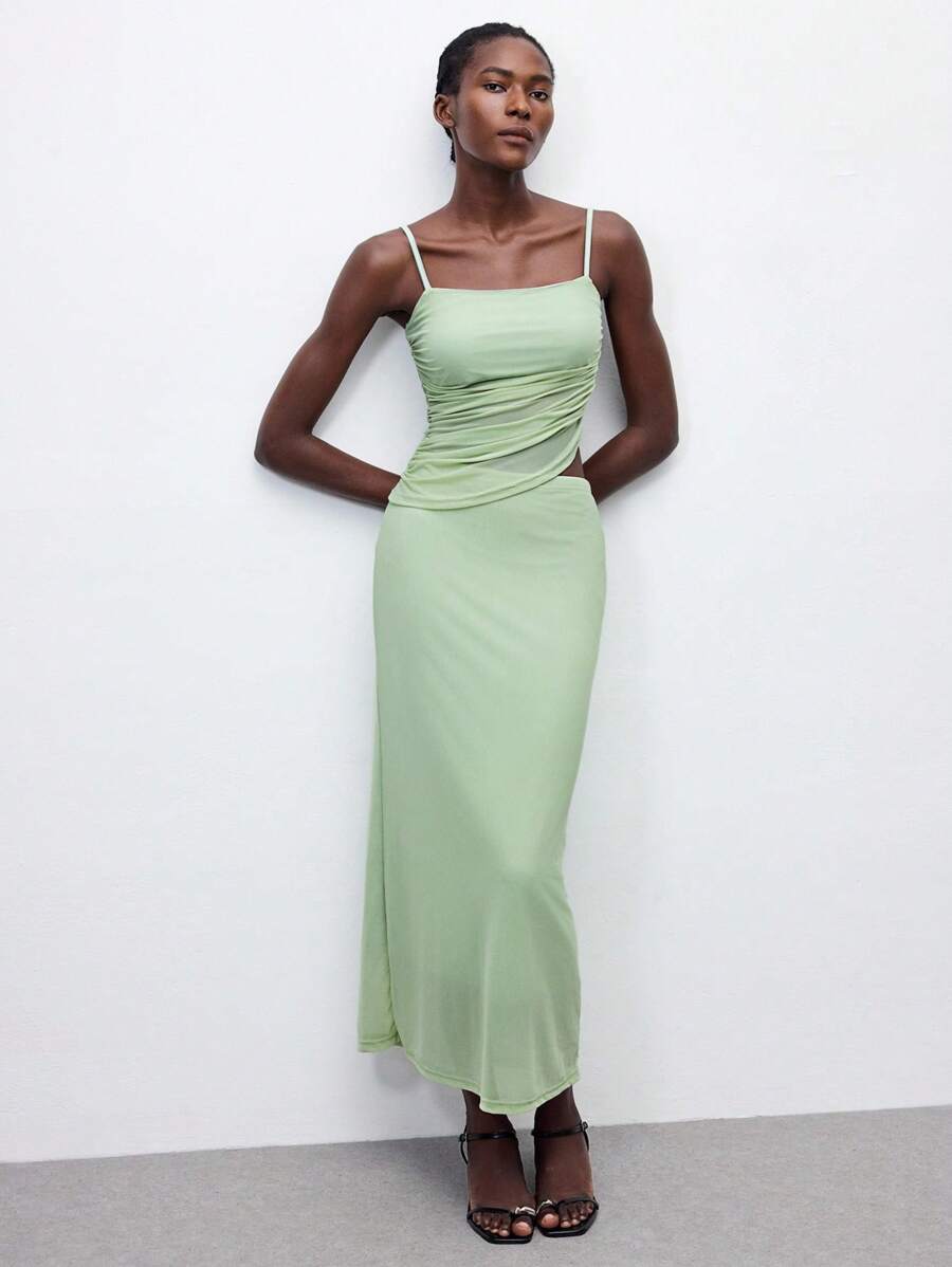 Maija 2025 年夏季新款 Salviae Green 性感网眼透视轻盈不对称剪裁吊带背心和松紧腰裙两件套，都市优雅浪漫办公室休闲时尚日常装扮，适合派对、海滩、音乐节、婚礼嘉宾、返校 - 軍綠色 - 查看 1