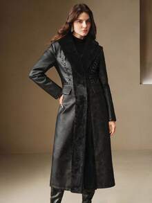 Anewsta جاكيت جلد ناعم أسود مربوط الخصر بياقة فرائية، ملابس خارجية قصيرة عصرية للخريف/الشتاء - الأسود - مشاهدة 5