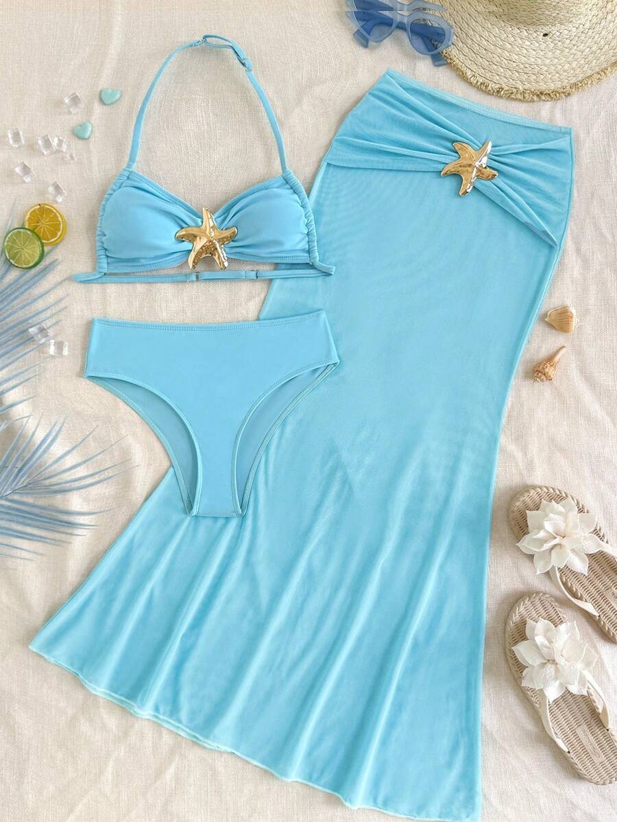 Tween Girl Knitted Blue Bikini Set With Beach-Ready Starfish Details Mermaid Outfit For Summer Vacation - Blue - View 1