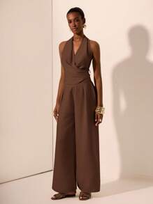 Zivah 2025 春夏新款音乐节、复活节、圣帕特里克节、西部风格、游牧风格、生日、毕业典礼、学院风、学生装、日常休闲、基本百搭、休闲、度假、邮轮旅行、海滩、日光浴、病毒式传播、街头风格、婚礼宾客波西米亚风、通勤、早午餐、机场装 - 杏色吊带交叉系带上衣和阔腿亚麻裤 2 件套 - 棕色 - 查看 1