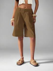 MISSGUIDED Bermuda Tailored Walking Shorts Casual Wide Leg High Waist Linen Feel Resort Wear Summer Autumn Spring Vacation Beach Bottoms - Brown - View 5