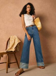 Poéselle 女式休闲水洗高腰直筒牛仔裤 - 中等水洗藍 - 查看 6