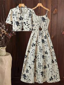 SHEIN Clasi 2 Pieces Set Includes: Women Holiday Casual All Over Floral Print Shirt Dress - Apricot - View 1