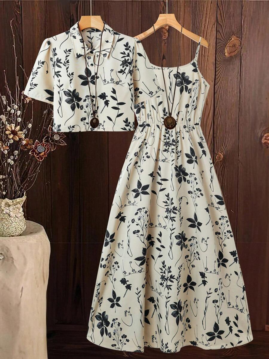 SHEIN Clasi 2 Pieces Set Includes: Women Holiday Casual All Over Floral Print Shirt Dress - Apricot - View 1