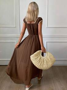 Livesso Women's Contrast Color Off Shoulder Ruffle Front Tie Dress, Fashion Dress - Brown - View 2