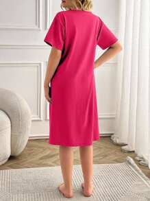 Women Contrast Colour Cute Animal Prints Basic Homewear Sleepdress - Hot Pink - View 2