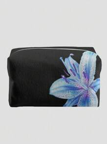 ROMWE Fairycore Black Background Navy Lily Flower Pattern Octagon Velvet Cosmetics Bag - Multicolor - View 1