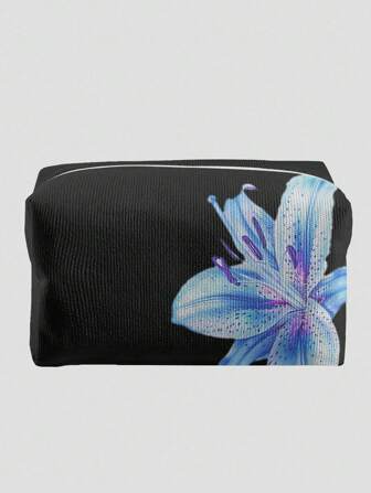 Fairycore Black Background Navy Lily Flower Pattern Octagon Velvet Cosmetics Bag