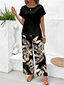 EMERY ROSE 2pcs Women Casual Minimalist Leaf Pattern Bodycon Suit, Spring/Summer Suitable For Going Out