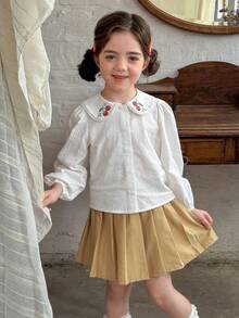 LMoss Kids 年轻女孩纯色刺绣领休闲衬衫 - 白色 - 查看 3