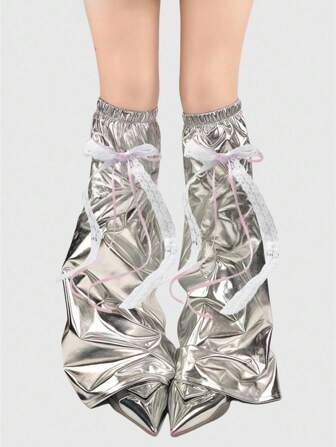 Grunge Punk 1 Pair Silver Y2K Millennium Babe Futuristic Cute Bow Ribbon Minimalist Fashion Leg Warmers, Suitable For Parties, Music Festivals, Daily Matching, A Cool Fashion Accessory