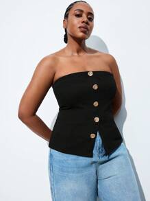 Maija Plus Size Casual Black Knitted Strapless Top With Gold Button Details For Women Plus Size Plus Size Tube Tops Curve Tube Top Strapless Tops Plus Size Strapless Top Tube Top Fall Women Clothesback To School Clothes Homecoming Modest Vintage Clothes Women Old Money Teacher Outfits For Women Going Out Tops Women Business Casual Woman Fall Clothes Plus Size Date Night Outfits Women Business Casual Woman Curve, Christmas Women's Clothing