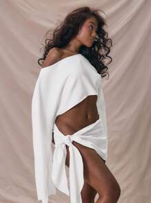 MUSERA Slash Neck Extreme Flare Sleeve Oversized Cropped Top  Holiday Beach Cover Up For Vacation Soft Serve Asymmetrical Neck Top Going Out Tops Club Fall Winter  Elegant Spring Summer - Beige - View 2