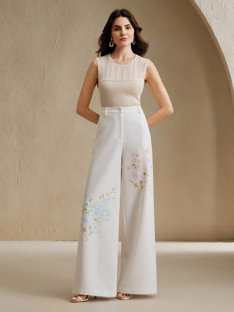 Elegant Floral Print High Waist Loose Straight Leg Trouser Pants For Office Lady