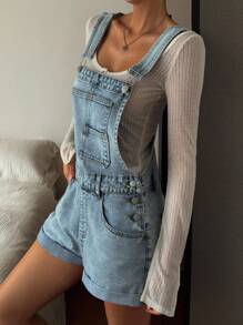 Livesso Women's Casual Distressed Washed Denim Bib Overalls, Autumn - Blue - View 6