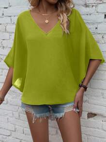 EMERY ROSE 女士休闲蝙蝠袖纯色度假衬衫 - 綠色 - 查看 6