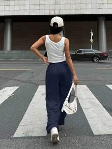 SHEIN EZwear 女士海军蓝色刺绣口袋抽绳腰部休闲运动裤 - 藏蓝色 - 查看 2